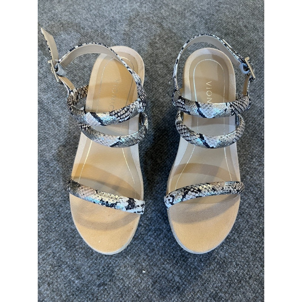 New  Vionic‎ 1"Platform Slide 3"Wedge Sandals Snake Gray Metallic Women's Sz 9.5